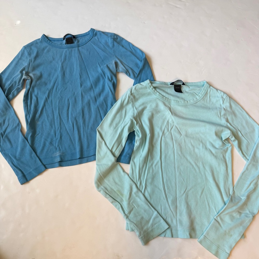 Lot 2 Moda International Y2K Teal Aqua Blue Cotton Long Sleeve T-Shirts USA